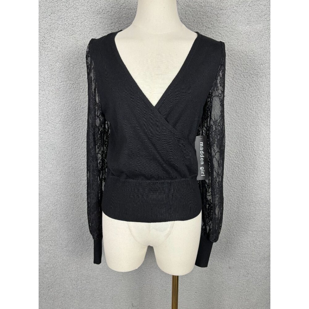 Madden Girl Juniors' Women's Surplice-Neck Lace-Sleeve Sweater Black Small NWT's